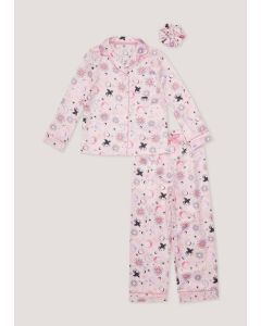 Girls Pink Celestial Print Satin Button Up Pyjama & Scrunchie Set (4-13yrs)