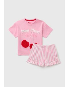 Girls Cherry Stripe Frill Pyjama Set