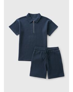 Boys Textured Zip Polo & Shorts Set