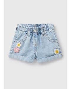 Girls Lightwash Crochet Flower Shorts