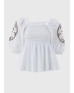 Embroidered Shirred Blouse