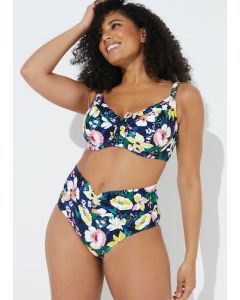Navy Floral Print Fold Over Bikini Briefs